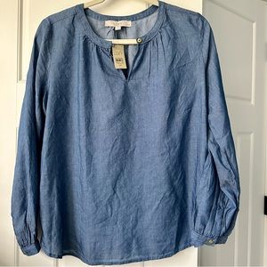 Chambray Long Sleeve Popover Pintuck Blouse. MP